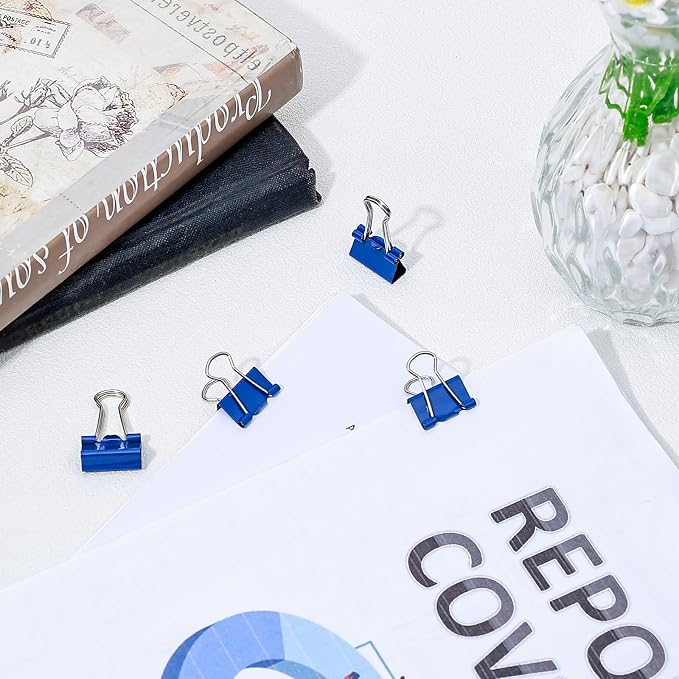 Temiary 60 Pcs Binder Clips, 0.6 Inch Mini Metal Binder Paper Clip with Container, Blue Small Paper Clamps Bulk for Office, Home, School Supplies