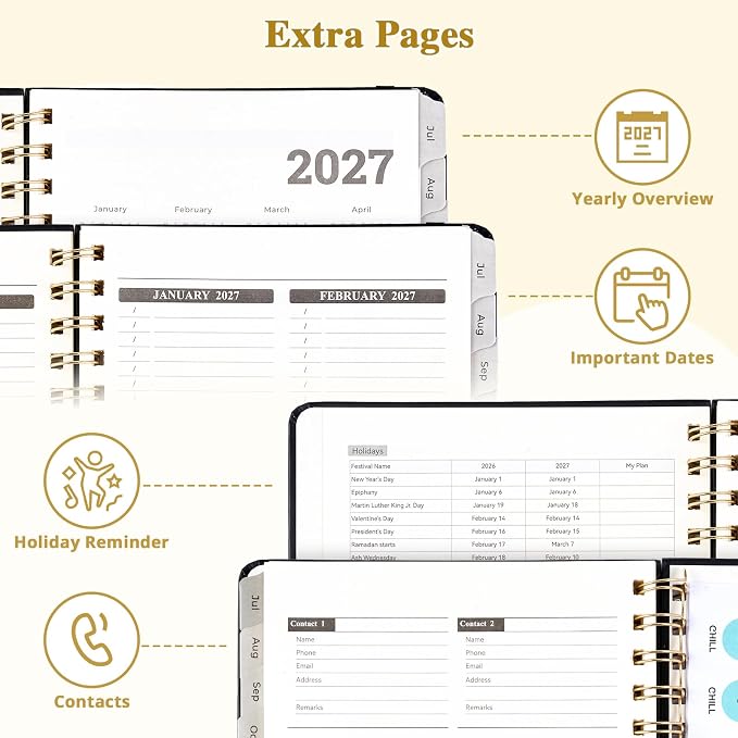 JoyCat Academic Planner 2026-2027, A5 Weekly & Monthly, Black | July 2026-June 2027 A5 planner combines weekly and monthly layouts, tabs, grid notes and sticker sheets.