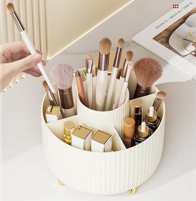 360 Degree Rotating Makeup Brush Holder Organizer Detachable Design 5 Slot Make up Brushes Cup for Cosmetics and Pencil Pen Organizer for Desk Makeup Organizer Skincare Storage for Vanity(Cream)