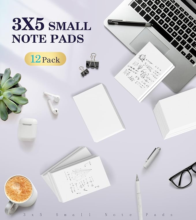 Note Pads 3x5 Small Memo Pads, 12 Pack Server Note Pads, Scratch Pads 3x5, Mini Note Pad White Paper 3''x5'', 50 Sheets per Blank Notepads, Small Writing Pads for Office School Home Supplies