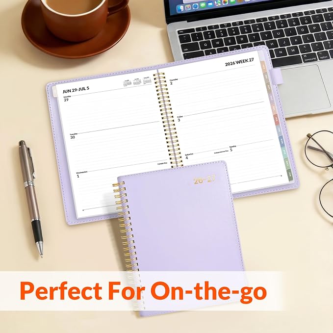 SUNEE 2026-2027 Weekly & Monthly Planner 6.4"x8.5" - 12 Month (July 2026 - June 2027), Vegan Leather Cover Planner Academic Year Calendar, Pocket, Notes, Monthly Tab, Purple