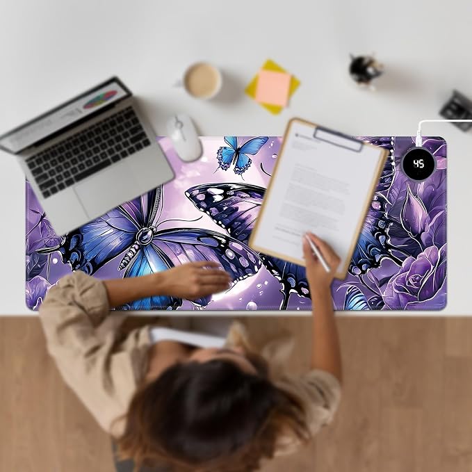 Heated Desk Pad Large Mouse Pad 31.5 x 13 inch with 3 Levels Heating & Auto Shut-Off Warm Mouse pad PU Leather Computer Mousepad for Home Office Work - Purple Rose and Butterflies