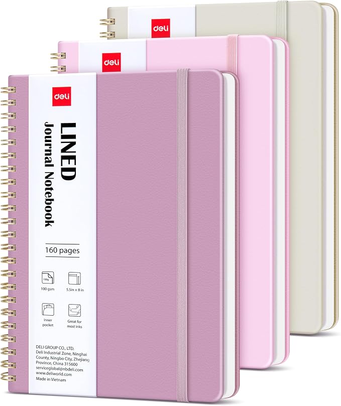 deli 3 Pack Lined Spiral Journal Notebook, 160 Pages, A5 (5.5"x8") Hardcover Writing Notebook, College Ruled Spiral Bound Journal for Women & Men - Perfect for Work, School, Office & Note Taking