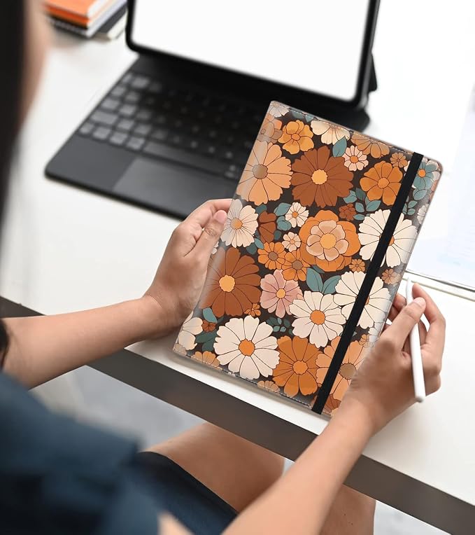 A5 Leather Lined Journal Notebook, 200 Pages Hardcover Executive Notebook for Men Women Office School Note Taking, Thick Writing Paper Daily Journal with Bookmarks/Indexes, Cute Flower Painting