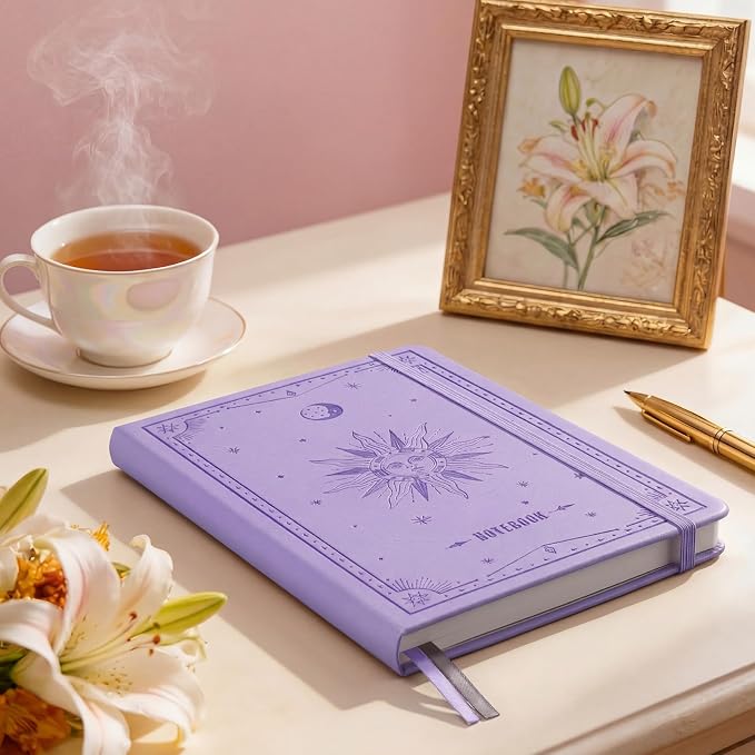 EMSHOI Dotted Journal Notebook, 192 Pages, A5 Size (5.7'' x 8.3'') | Leather Hardcover, 100 GSM Thick Paper, for Journaling, Planning, Tracking & Sketching, Sun Debossed (Light Purple)