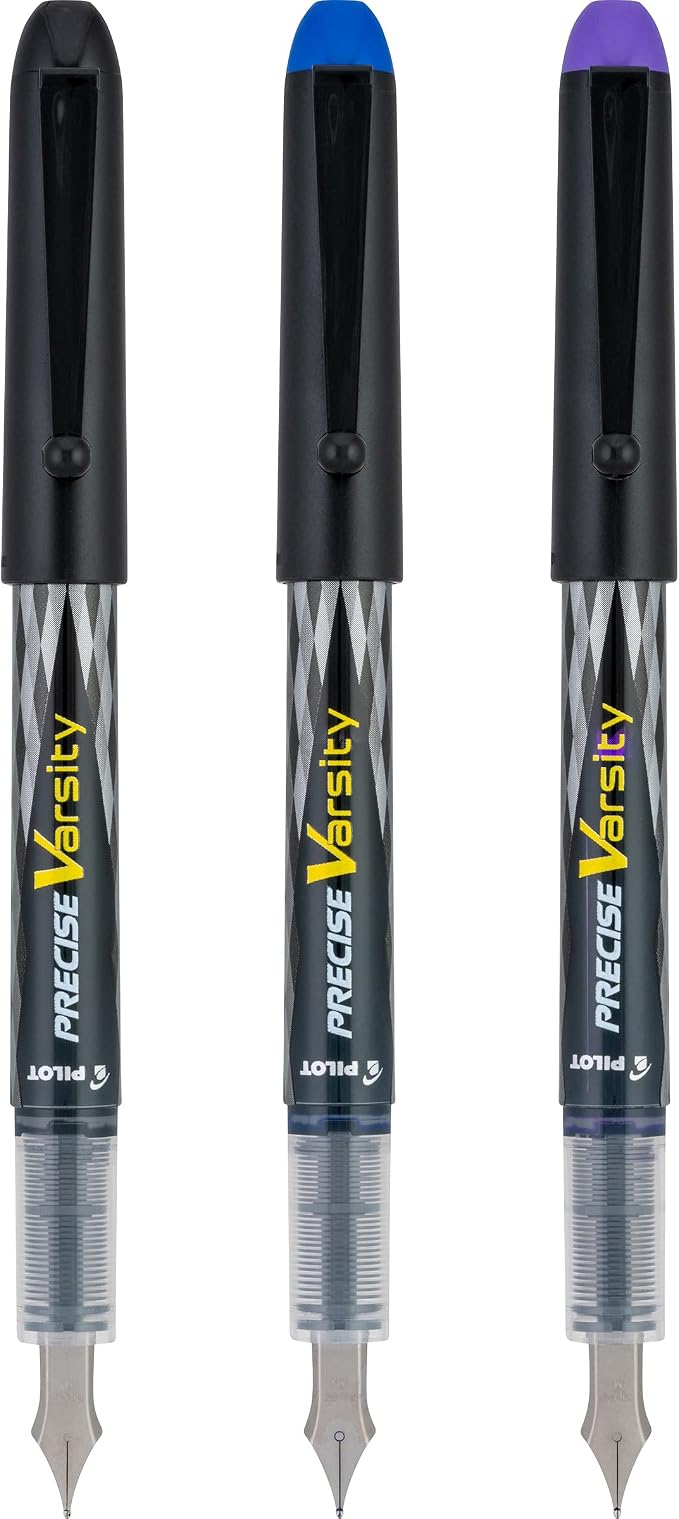 Pilot Precise Varsity Pre-Filled Fountain Pens for Writing, Medium Point Stainless Steel Nib, Black/Blue/Purple Ink, 1.0mm, 3-Pack