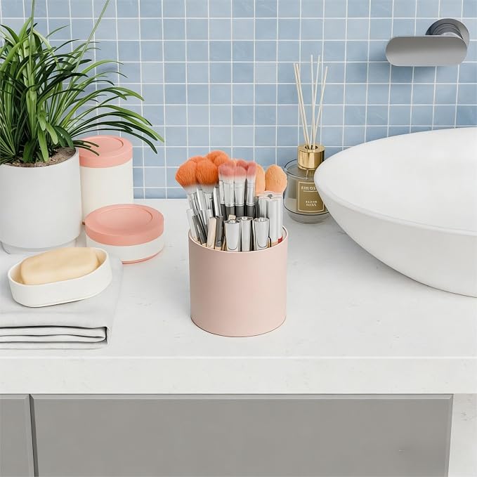 Yieach Rotating Acrylic Makeup Brush Holder for Vanity,Bathroom Countertop,Round Makeup Brushes Organizer,Spinning Cosmetic Brushes Holder,Make up Brush Storage and Office Desk Pen or Pencil Cup,Pink