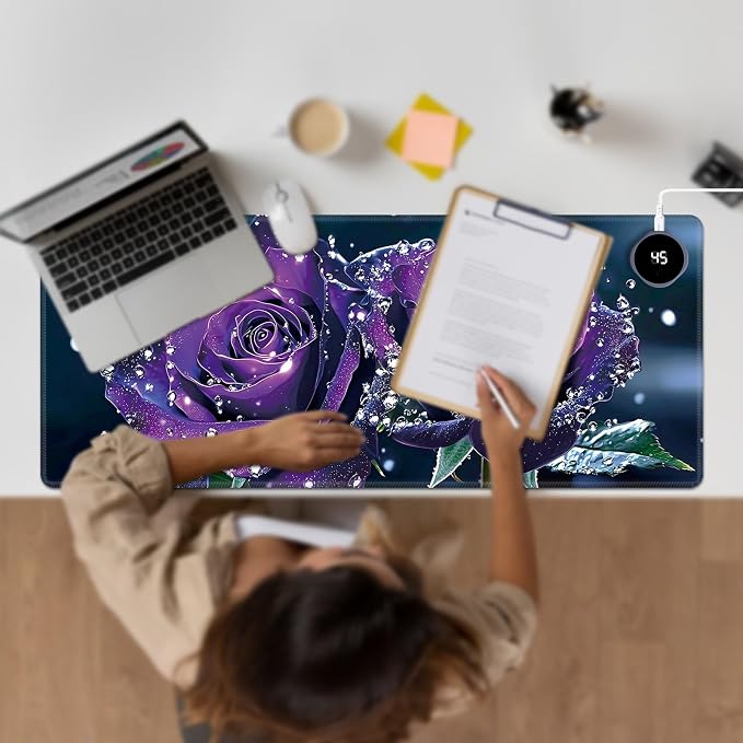 Heated Desk Pad Large Mouse Pad 31.5 x 13 inch with 3 Levels Heating & Auto Shut-Off Warm Mouse pad PU Leather Computer Mousepad for Home Office Work - Purple Rose Flower