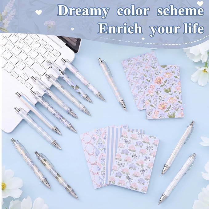 Motiskyy 24 Pcs Blue Hydrangea and Bow Floral Pens Flower Ballpoint Pens Flower Notepads Set Design Line Notebook Employee Gifts Set for Student School Office Supplies, Back to School Gift