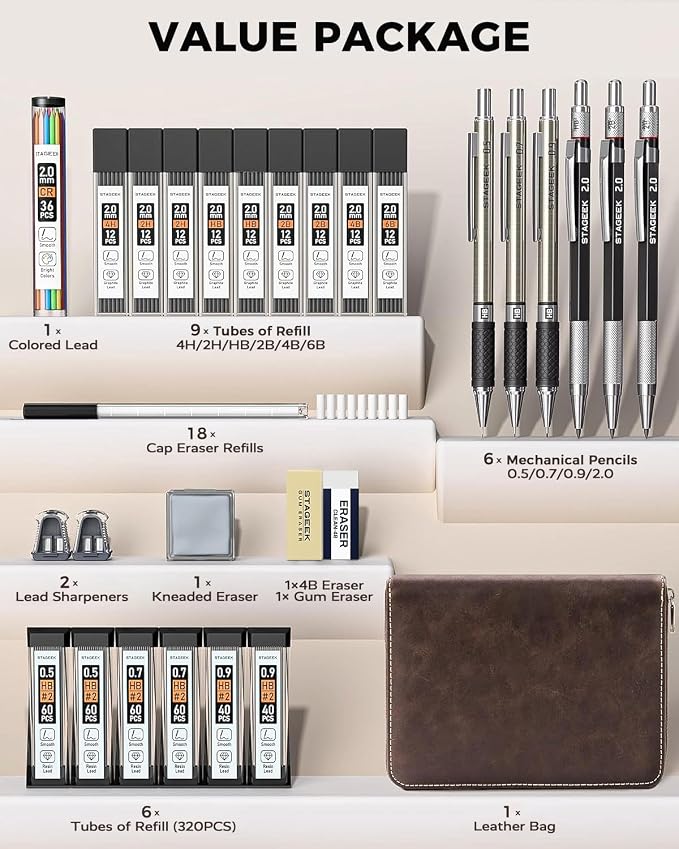 STAGEEK Drawing Pencil Set with Leather Bag 30 Count, Mechanical Pencils 0.5, 0.7, 0.9MM & 3PCS 2MM Sketch Pencils with 464PCS Lead Refills (6B 4B 2B HB 2H 4H Color) for Artist Drafting Drawing