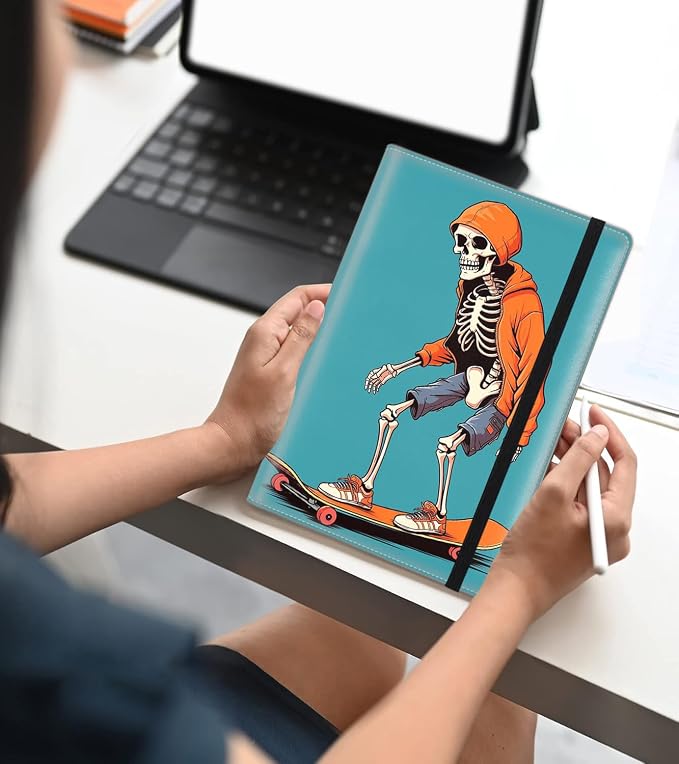 A5 Leather Lined Journal Notebook, 200 Pages Hardcover Executive Notebook for Men Women Office School Note Taking, Thick Writing Paper Daily Journal with Bookmarks/Indexes, Skateboard Skeleton