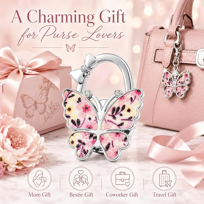 Purse Hook for Table, Foldable Handbag Hanger for Women, Portable Bag Holder with Non-Slip Base, Cute Flower Pink Glitter Butterfly Purse Table Hook for Restaurant Office Travel Gift