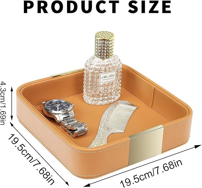 SANZIE Luxury Leather Desktop Storage Small Catchall Organizer Decorative Tray for Entryway Table to Hold Jewelry Watch Cosmetics Keys Phone Wallet, Home & Office Accessories (Metal Gilded, Orange)