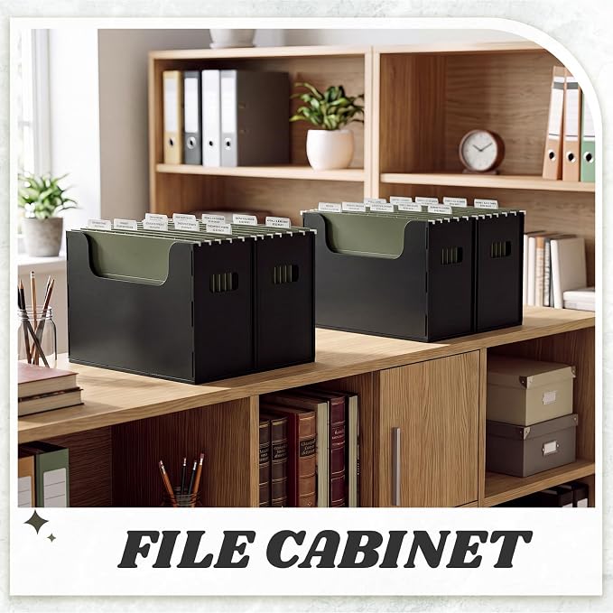 Qeeenar 2 Pcs Desktop Hanging File Organizer Box with 10 Pcs Army Green Hanging File Folders Letter Size Folder Storage Portable Storage Cabinets Document Holder for Office Supplies Home