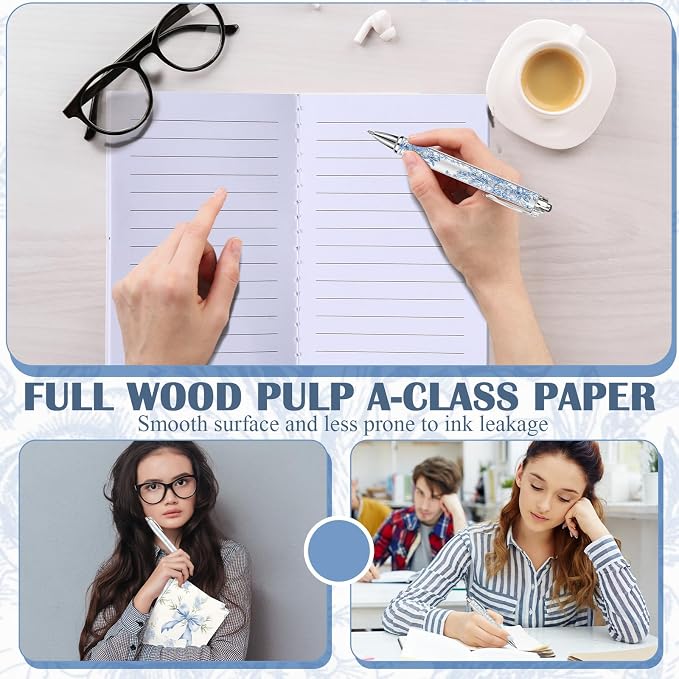 Motiskyy 24 Pcs Hydrangea Blue and White Floral Journal Pens Pastel Floral Patterns Ballpoint Pens Grandmillennial Aesthetic Notepads Set Line Notebook for Employee Gift Student School Office Supplies