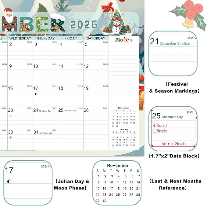 Desk Calendar 18 Months 17" x 12", Colorful-1 PACK | Thick No-Bleed Paper | Large Ruled Blocks | Transparent Cover | Perfect for Home & Office