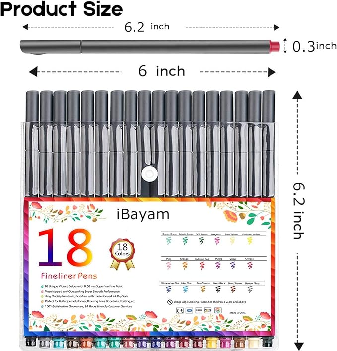 iBayam Journal Planner Fineliner Pens Fine Point 0.38mm, Cute School office | 18 Vibrant Colors, Smooth Writing, Art Markers for Bullet Journaling Note-taking Scrapbooking Calendar, Drawing Sketching Pen