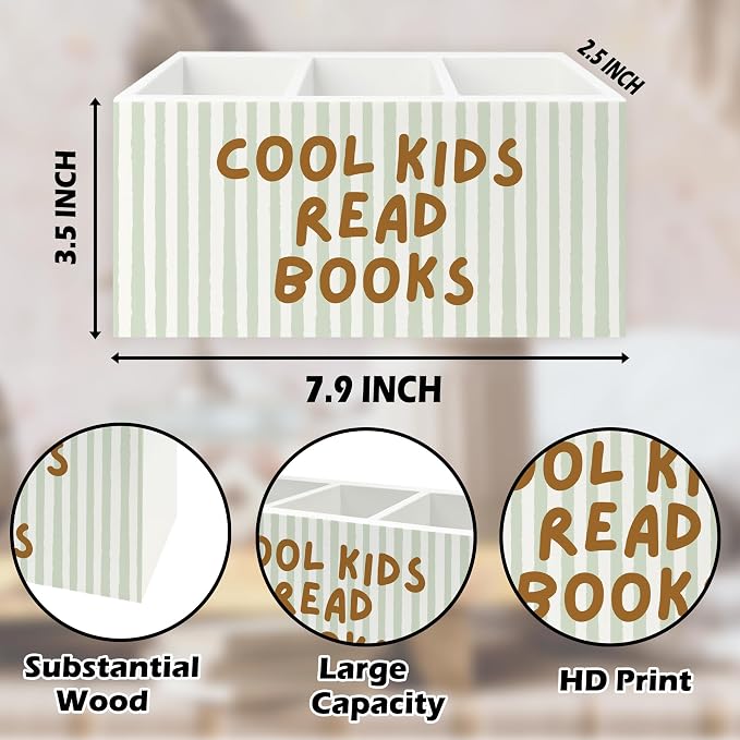 Cool Kids Read Books Pen Pencil Holder Organizer for Desk, Book Lover Reader Bookworm Gifts Wooden Box Signs Decorations for Reading Corner Nook Room Classroom Desk Tabletop, Reading Room Decor