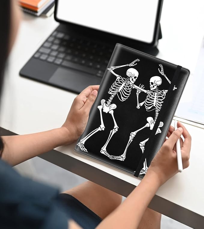 A5 Leather Lined Journal Notebook, 200 Pages Hardcover Executive Notebook for Office Note Taking,Thick Writing Paper Daily Journal with Bookmarks/Indexes,Day of The Dead Halloween Skeleton Dancing