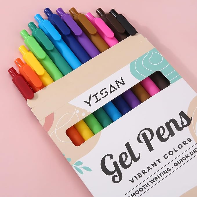YISAN Colored Gel Pens,12 Colors,0.7mm Fine Point,Fast Dry,No Bleed | Journal Pens,Smooth Writing,Retractable,71044