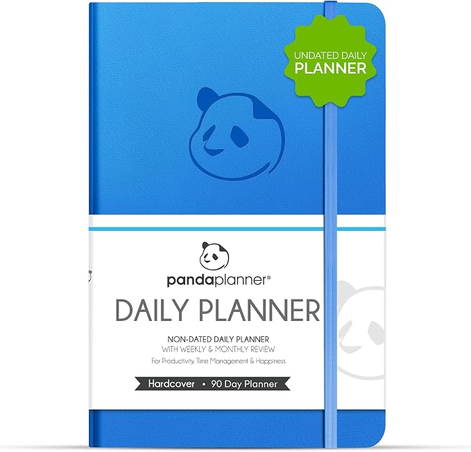 Panda Planner Classic A5 Undated Daily Planner 2026-2027, 8.25 x 5.75 Blue | Hourly schedule, to do list, habit tracker, gratitude journal, quarterly layout, 100 GSM paper