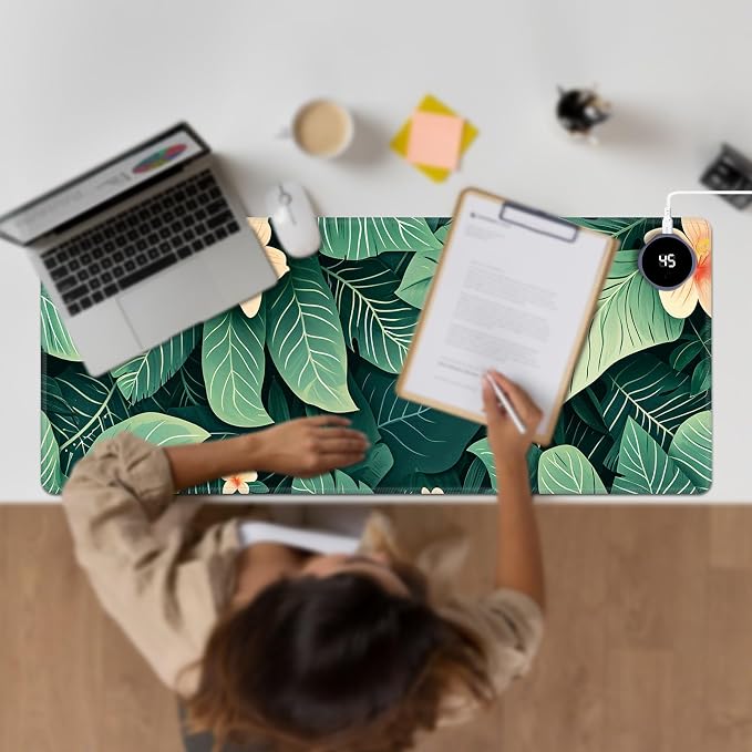 Heated Desk Pad Large Mouse Pad 31.5 x 13 inch with 3 Levels Heating & Auto Shut-Off Warm Mouse pad PU Leather Computer Mousepad for Home Office Work - Green Leaf Flowers