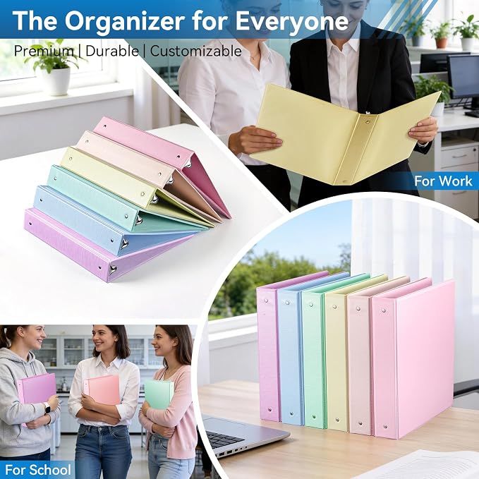 SUIN 1.5-Inch 3-Ring Binder with 2 Interior Pockets, Brushed Texture View Binders Assorted Colors, Holds 325 Sheets School Office Home, 6 Pack