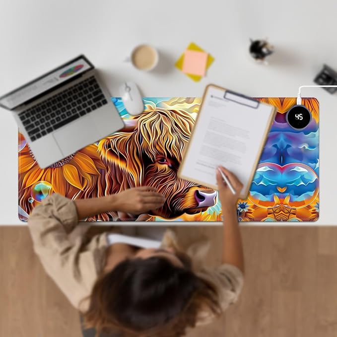 Heated Desk Pad Large Mouse Pad 31.5 x 13 inch with 3 Levels Heating & Auto Shut-Off Warm Mouse pad PU Leather Computer Mousepad for Home Office Work - Sunflower Cow