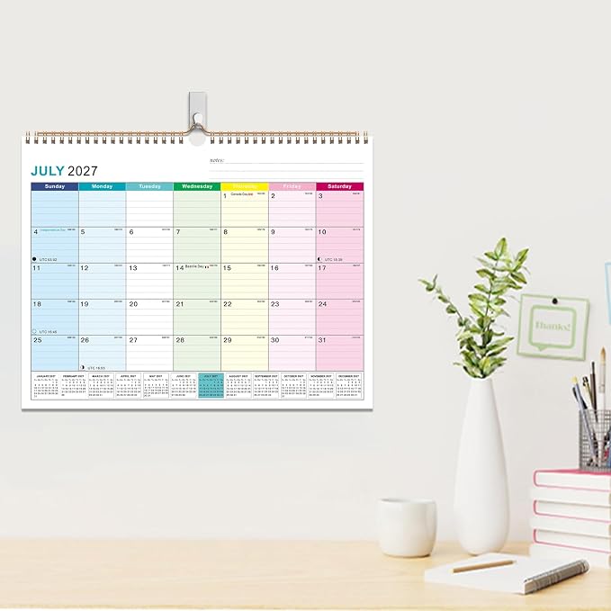 2027-2028 Wall Calendar, Calendar 2027-2028, 18 Month Calendar January 2027 - June 2028, 14" X 11", Calendar with Twin-Wire Binding, Hanging Hook and Julian Dates (Colorful)