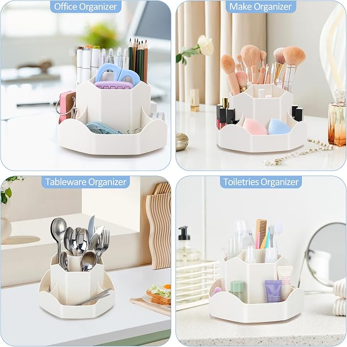 Zevemomo Pen Holder for Desk, 360 Degree Rotating Pencil Desk Organizer, Pen Organizer with 9 Slots, Large Capacity Pen Holder, Desktop Storage Stationery Supplies Organizer, Beige