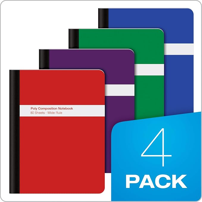 Oxford Poly Composition Notebook 4 Count(Pack of 1), Wide Ruled Paper, 9-3/4 x 7-1/2 Inches, 80 Sheets, Assorted Colors: Blue, Green, Purple, Red (64959)