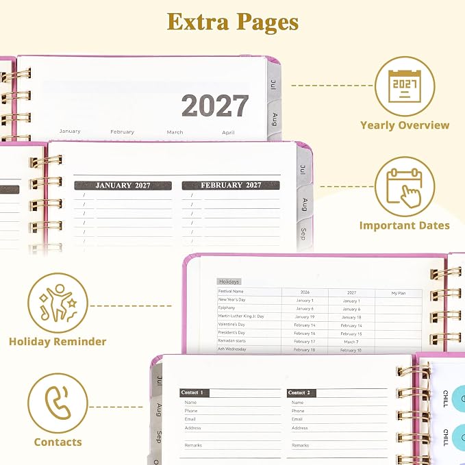 JoyCat Academic Planner 2026-2027, A5 Weekly & Monthly, Pink | July 2026-June 2027 A5 planner combines weekly and monthly layouts, tabs, grid notes and sticker sheets.