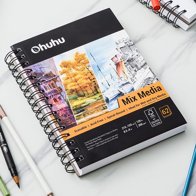 Ohuhu Mix Media Pad, 5.5" x 8.5" Mixed Media Art Sketchbook, 120 LB/200 GSM Heavyweight Papers, 62 Sheets/124 Pages, Spiral Bound Mixed Media Paper Pad for Acrylic, Painting Christmas Gift