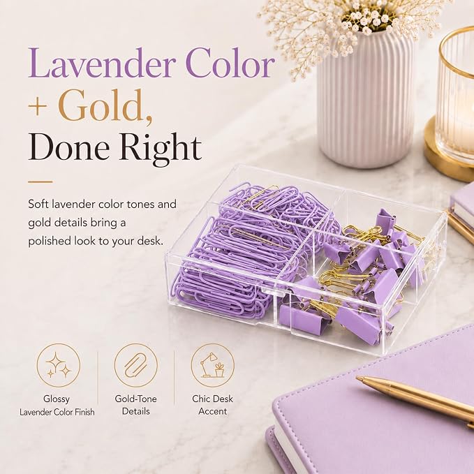 Purple and Gold Paper Clips Binder Clips Set with Storage Box, 165 Psc, Assorted Size Decorative Office Clips, Cute Desk Accessories for School, Home Office, Planner, Journal and Documents