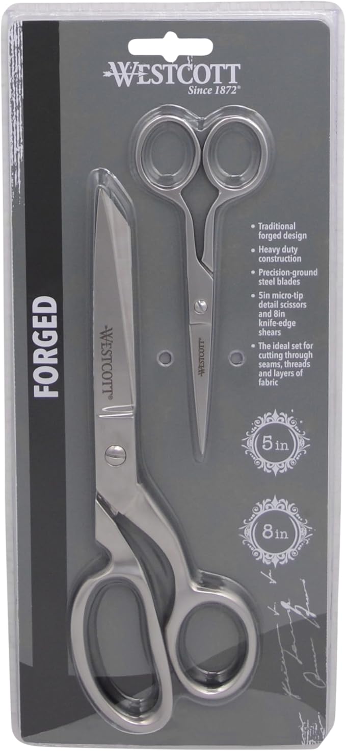 Westcott Forged 8in & 5in Scissors for Fabric and Paper Crafts, 2-Pack, Detail Snips and Heavy Duty Shears, Dressmaker Shears for Sewing, Tailoring, Quilting, Art, Office