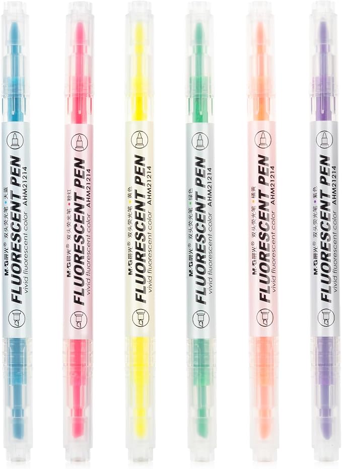 M&G 6 Pcs Dual Tip Highlighters, Chisel & Fine Tip Multicolor Highlighter Pens, Quick Dry, No Bleed, Assorted Bright Colors for Office Documents, Journaling, Planners, and Everyday Organization