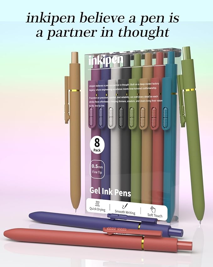 inkipen Colorful Fidget Pens, 8 Pcs 0.5mm Fine Point Retractable Smooth Writing Pen, Quick Drying Colored Ink Pens for Journaling School Office Supplies, Vintage Colors