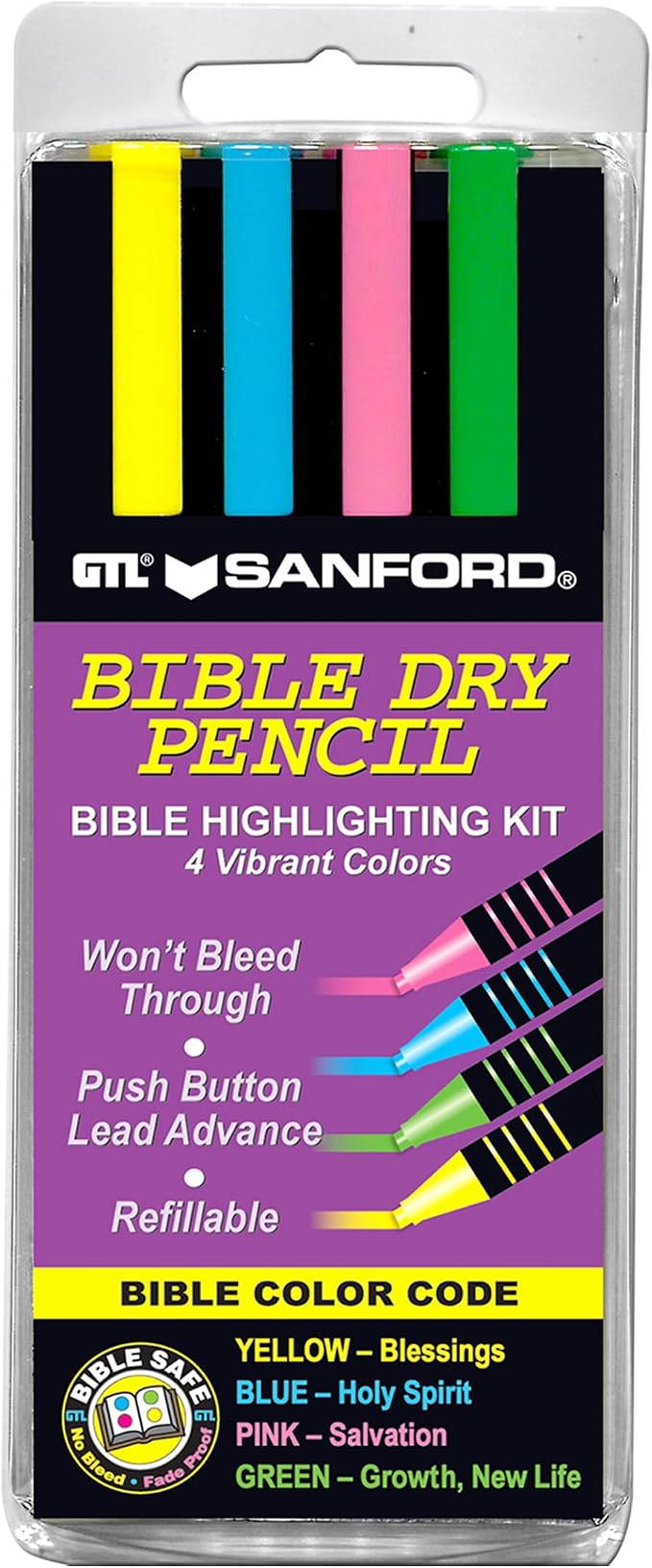 G.T. Luscombe Company, Inc. Bible Dry Highlighting Kit | No Bleed Eco-Friendly Refillable Dry Highlighters | No Sharpening | No Smearing or Fading | Yellow, Blue, Pink, Green (Set of 4)