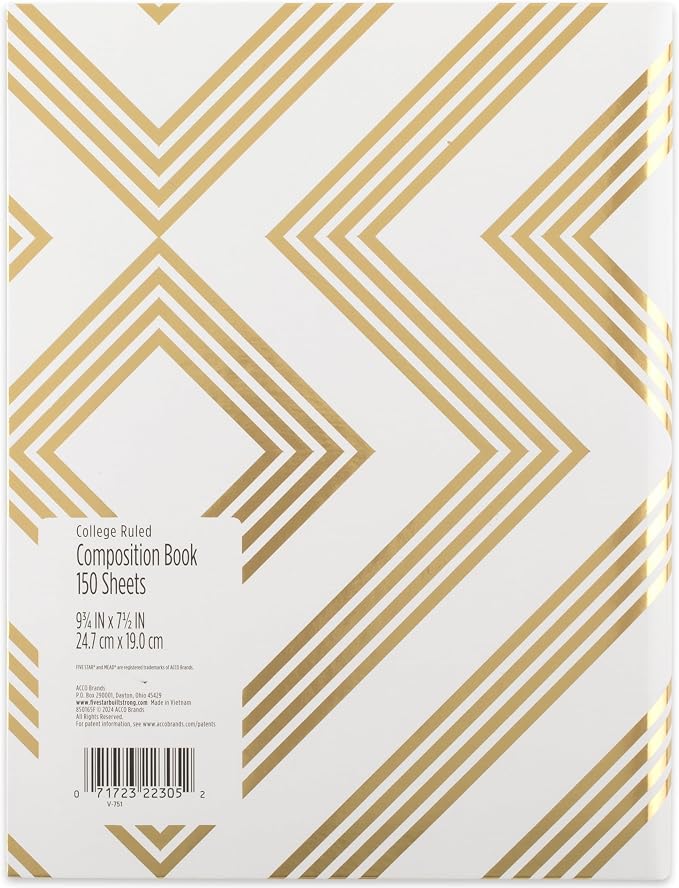 Five Star Composition Book, College Ruled Paper, 7-1/2" x 9-3/4", 150 Sheets, Hardcover, Metallic Gold Geo (850165F-ECM)