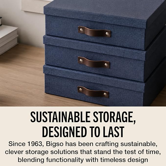 Bigso Oskar Canvas Fiberboard Document Letter Box - File Organizer Box for Important Paperwork - Document Storage with a Lid & Leather Handle - 3.3 in x 10.2 in x 13.8 in - Blue
