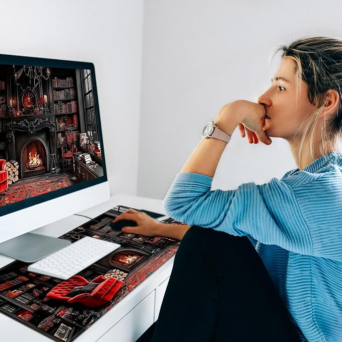 Warm Desk Pad,Heated Desk Pad,Office Mat,3 Heating Levels & 3 Hours Auto Shut-Off,31.5"*13" Gaming Mouse Laptop Keyboard Leather Desk Mat,Retro Bookshelf Red