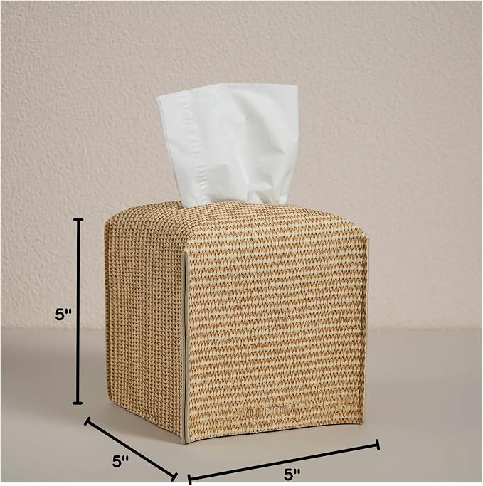 OLETHA Square Tissue Box Cover - Aesthetic Desk Decor for Room, Home & Office - Tissues Cube Boxes Holder - Rattan Textured, Set of 2