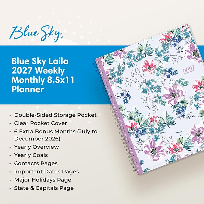 Blue Sky 2027 Weekly & Monthly Planner Calendar, 8.5"x11", Laila | January 2027 - December 2027, Clear Pocket Cover, Durable Twin Wire Binding, Laminated Tabs, Storage Pocket