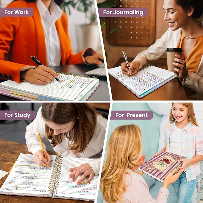 Large Lined Spiral Journal for Women Cute Hardcover 5 Subject Notebook for Work 8.5" x 11" with Removable Dividers & Tabs, College Ruled, 280 Pages Aesthetic Journal for Work, School & Note Taking, Cherry Reverie