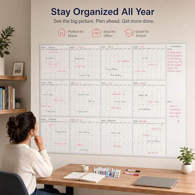 Extra Large Dry Erase Calendar for Wall 55" x 34" Undated Yearly Calendar | Vertical12 Month Layout, Reusable Whiteboard Calendar, Erasable Monthly Planner for Home Office School