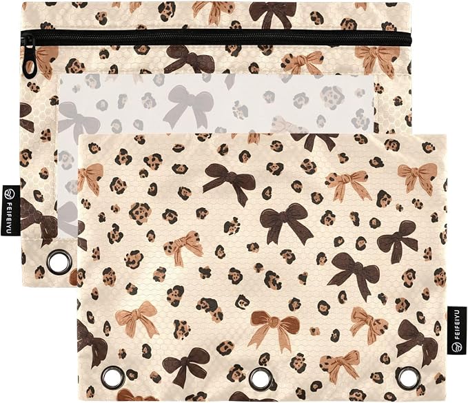 ALAZA Leopard Print Cheetah Bow Pattern Pencil Pouch for 3 Ring Binder 2 Pack Zipper Binder Pencil Bag Case with Clear Window Office Supplies