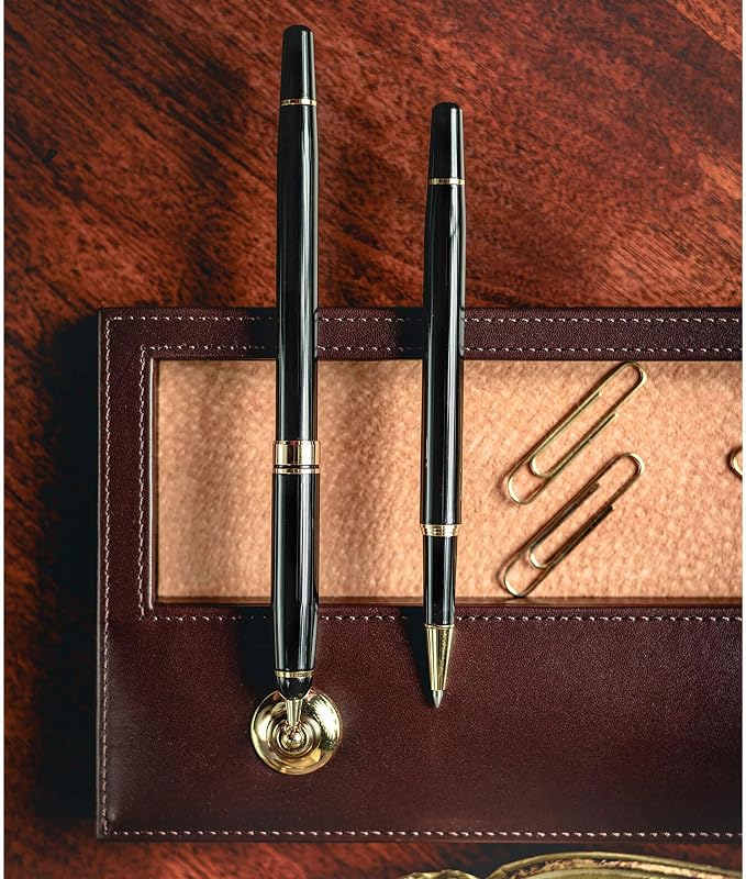 Dacasso Chocolate Brown Leather Double Pen Stand w/Gold Accents - Luxury Executive Decor and Office Desk Surface Protector
