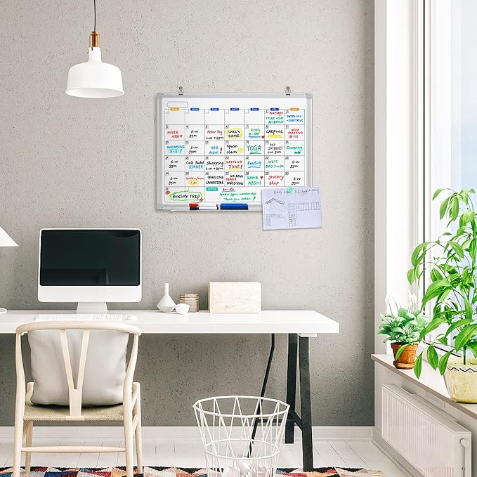 White Board Calendar Dry Erase for Wall, 24" x 18" Aluminum Frame | Magnetic Monthly Planner Board, Wall Mounted or Hanging. Calendar Design Suitable for Daily Planning of Home, Office, Class