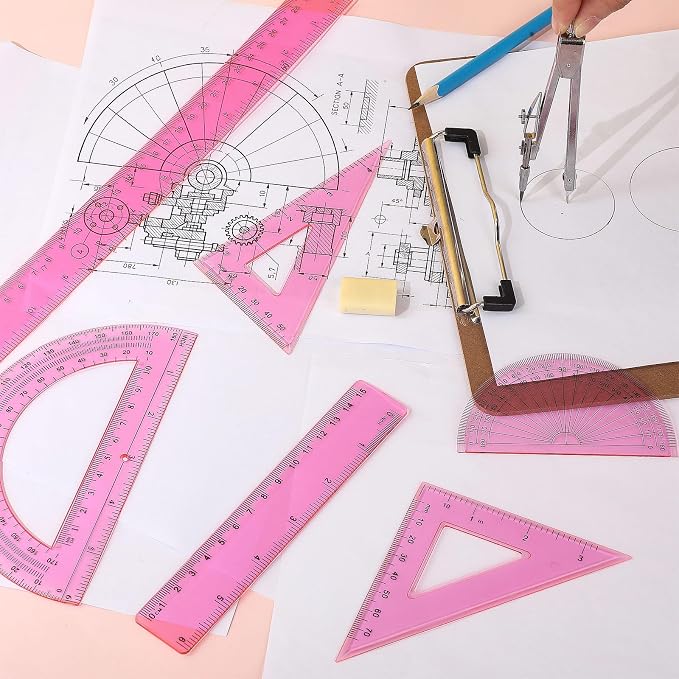 Zonon 7‑Piece Geometry Set with Drawing Compass, 6 & 4 Inch Protractors, Triangle Rulers and Straight Rulers, Transparent Math Drafting Supplies for Back to School, Students and Office Use(Pink)