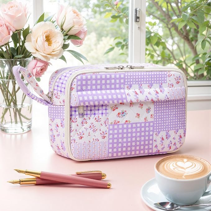 WOBAGMEN Quilted Pencil Pouch for Women, Large Capacity Pencil Case with Compartments, Cute Aesthetic Pencil Organizer, Floral Stationery Pouch(Purple Patchwork)